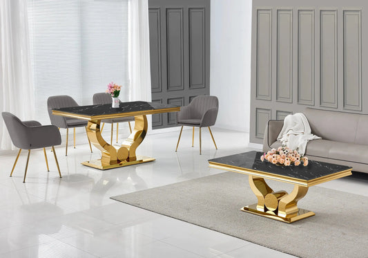 Ensemble table marbre noir et chaises anthracite doré TROPHEE Galerie du Mobilier