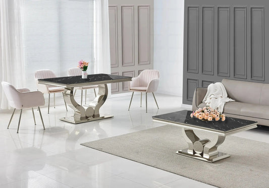 Salle à manger marbre noir argent avec chaises beige TROPHEE Galerie du Mobilier