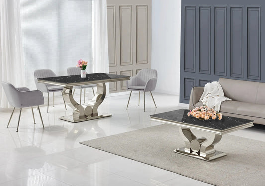 Ensemble table marbre noir et chaises gris TROPHEE Galerie du Mobilier