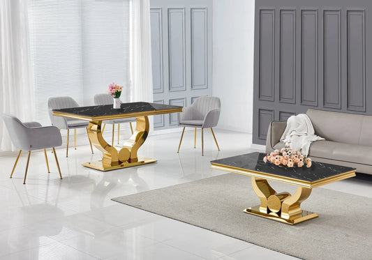 Ensemble table marbre noir et chaises gris doré TROPHEE Galerie du Mobilier