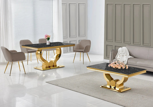 Ensemble table marbre noir et chaises taupe doré TROPHEE Galerie du Mobilier