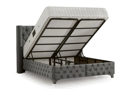 Lit coffre capitonné gris MODA - Galerie du Mobilier