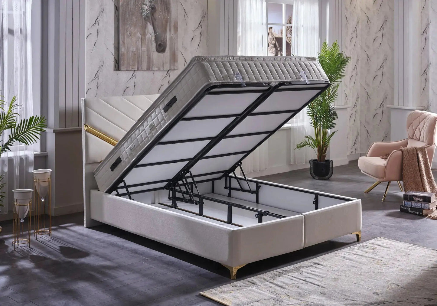 Lit coffre design doré beige TOKYO - Galerie du Mobilier