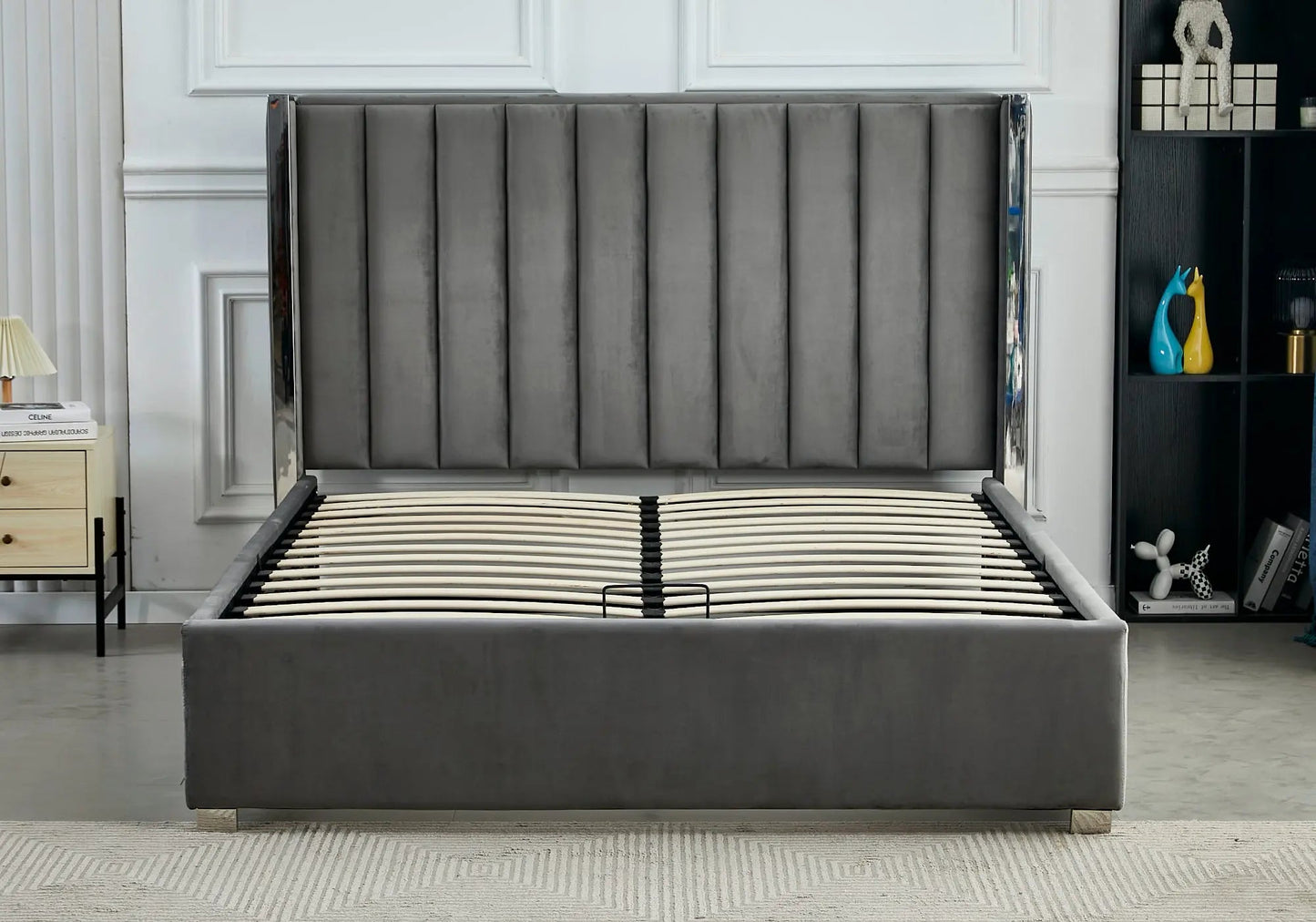 Lit coffre en velours gris PRINCE Galerie du Mobilier