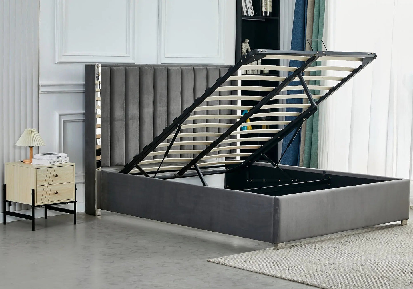 Lit coffre velours gris argenté avec sommier – Galerie du Mobilier