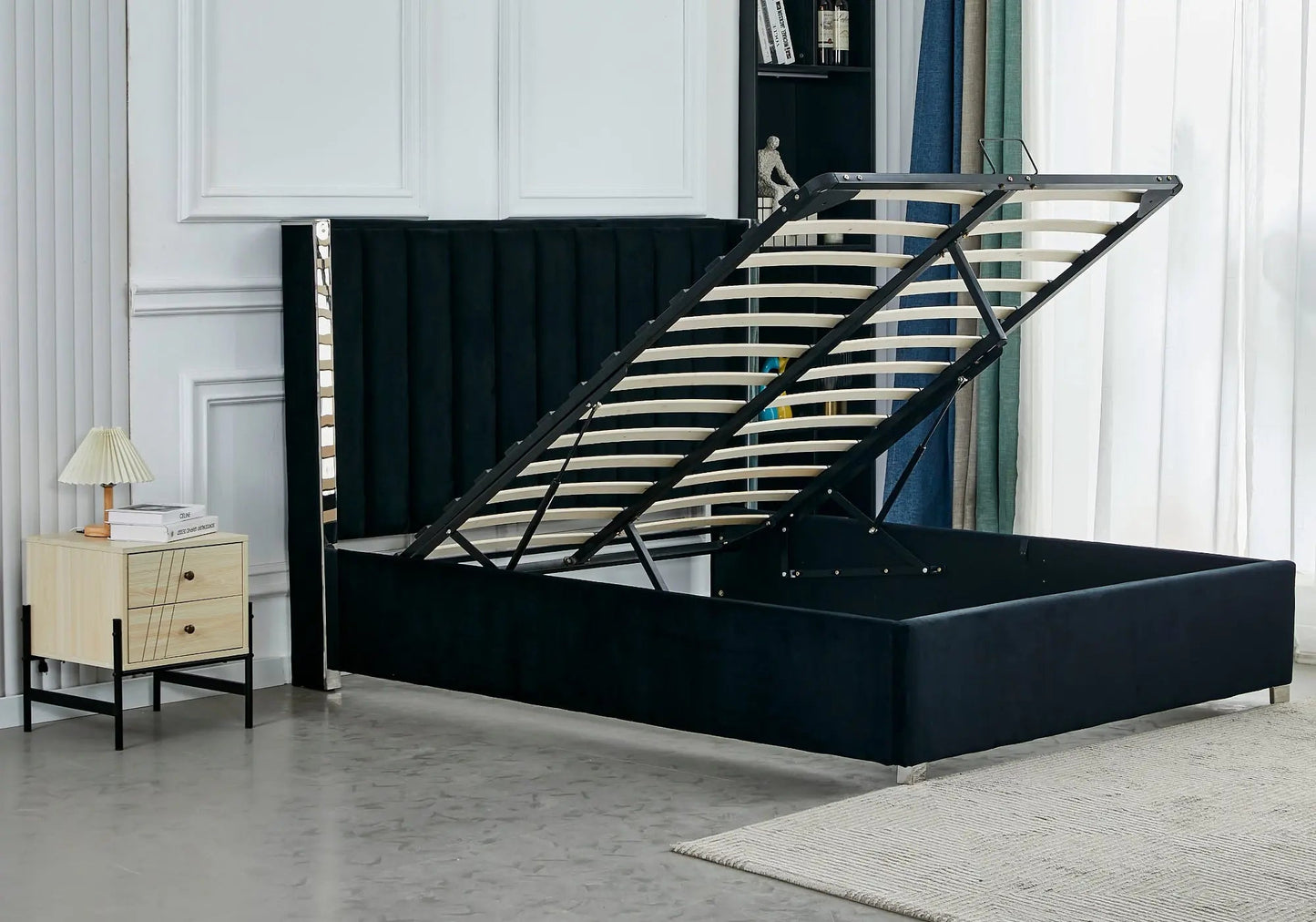 Lit coffre velours noir argenté avec sommier – Galerie du Mobilier