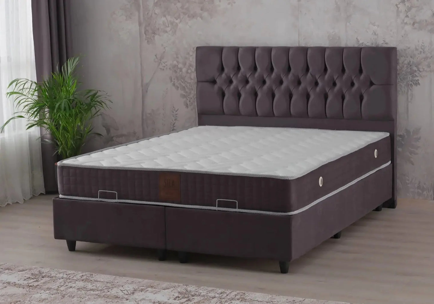 Lit coffre et tête de lit gris KUBA - Galerie du Mobilier
