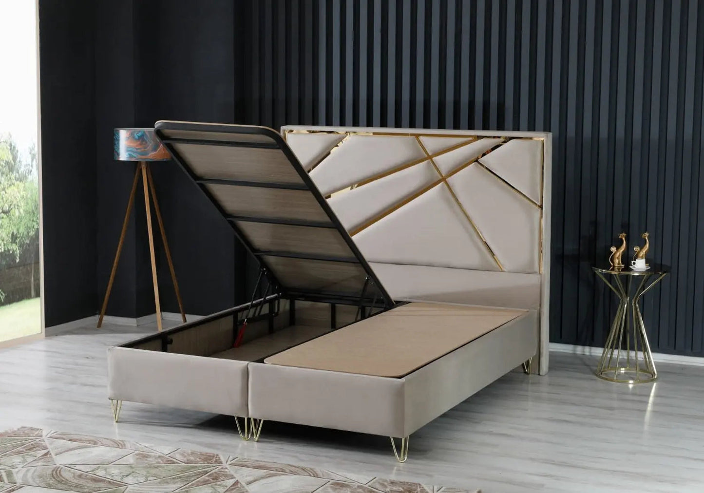 Lit coffre et tête de lit taupe dorée LYDIA Galerie du Mobilier