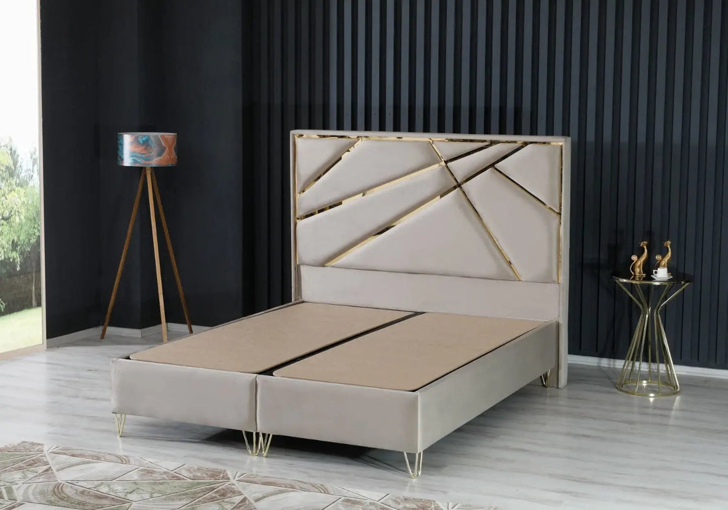 Lit coffre et tête de lit taupe dorée LYDIA Galerie du Mobilier