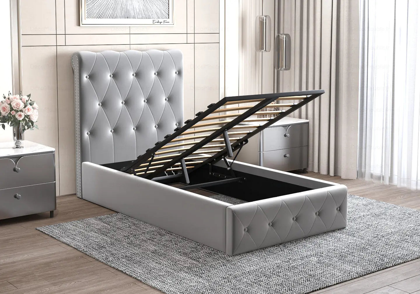 Lit coffre velours gris capitonné – Galerie du Mobilier
