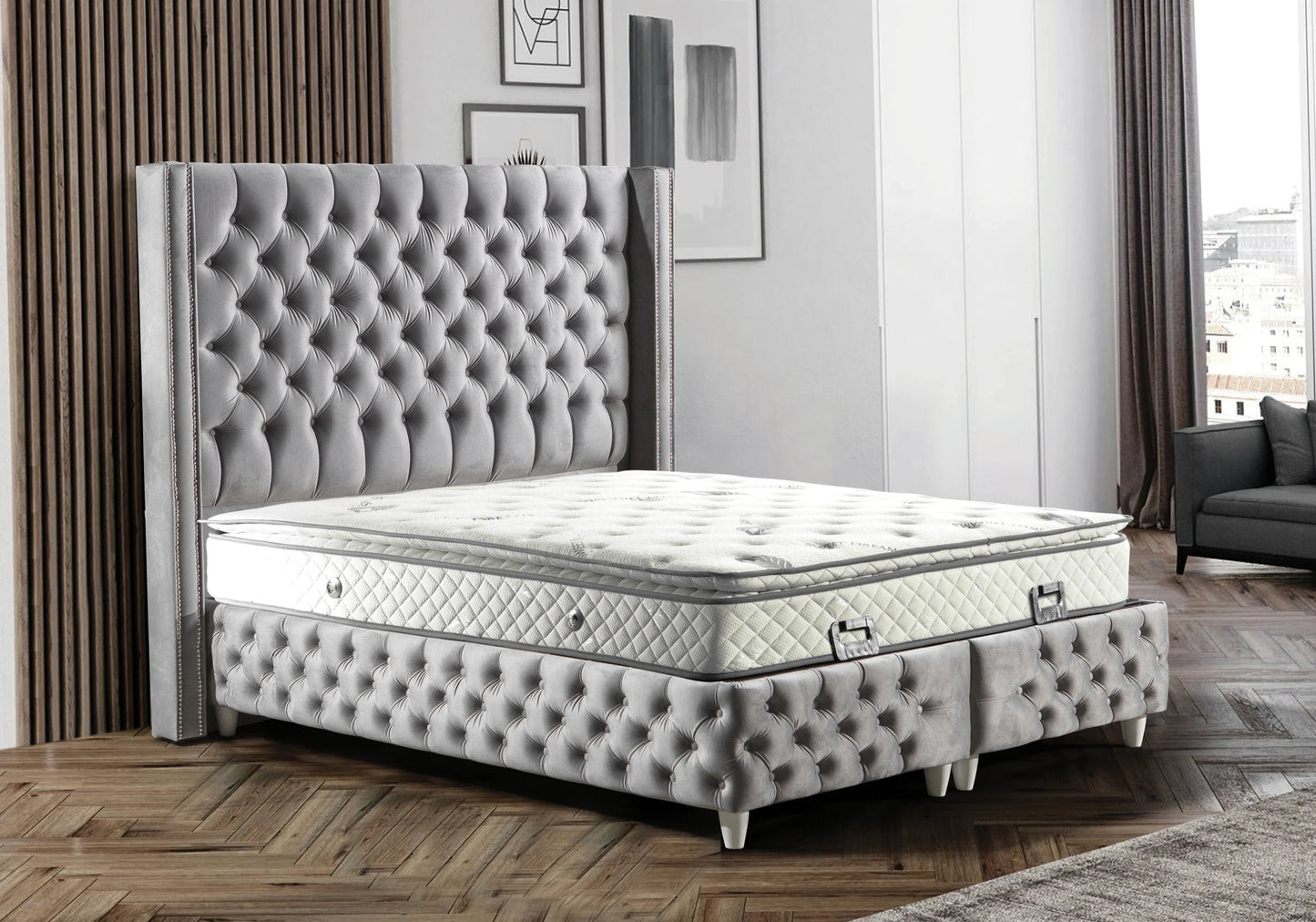 Lit Turc Capitonné Velours Gris Coffre Rangement – STAR - DEKOFLIX