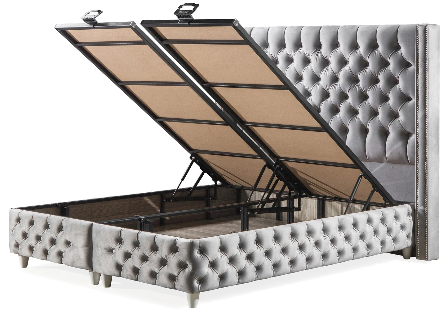 Lit Turc Capitonné Velours Gris Coffre Rangement – STAR - DEKOFLIX