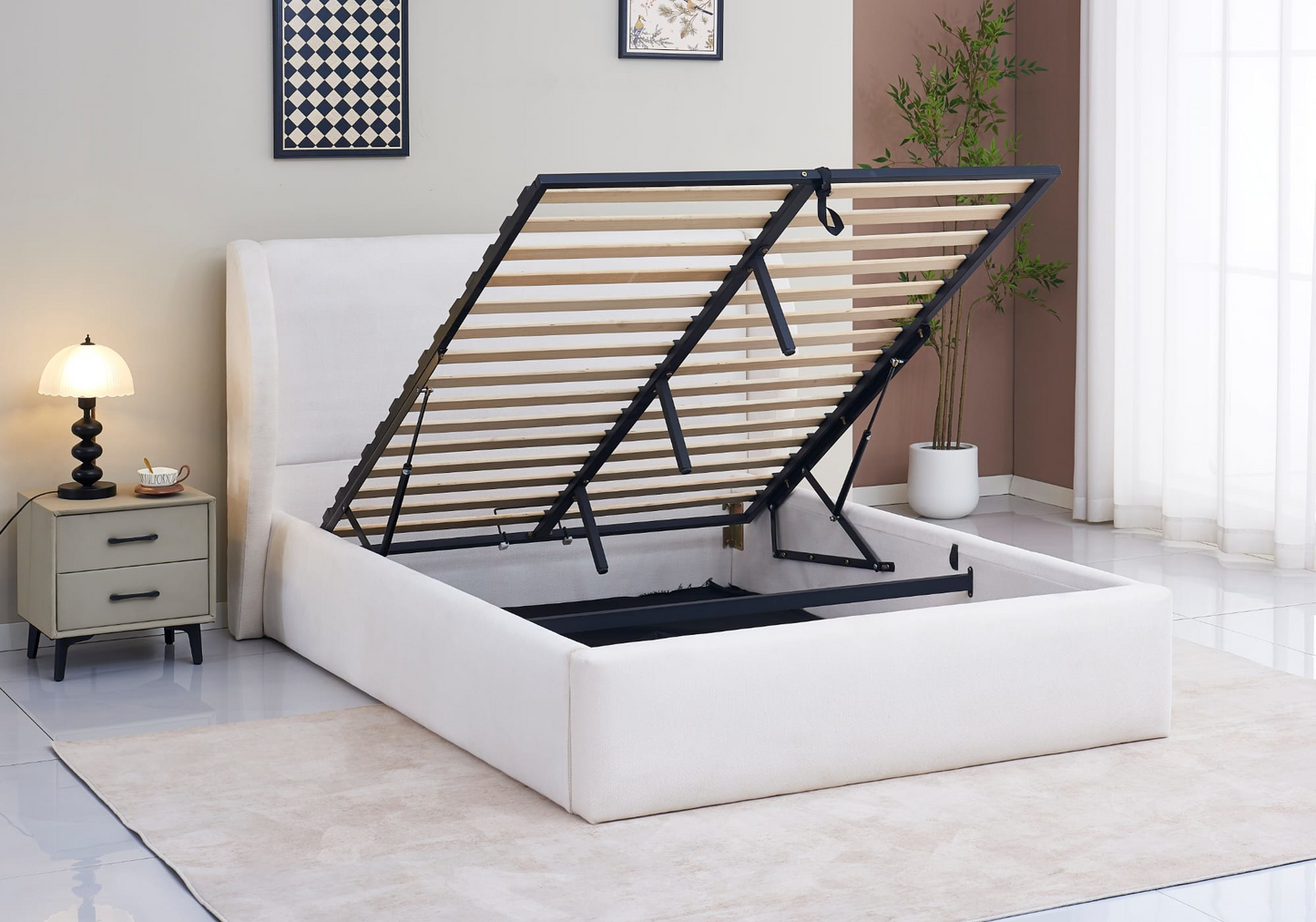 Lit coffre complet en tissu beige - Aura – Galerie du Mobilier
