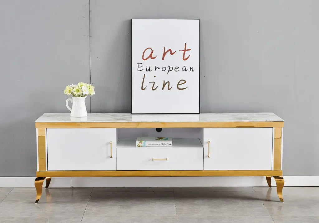 Meuble banc tv doré marbre beige BAROQUE Galerie du Mobilier
