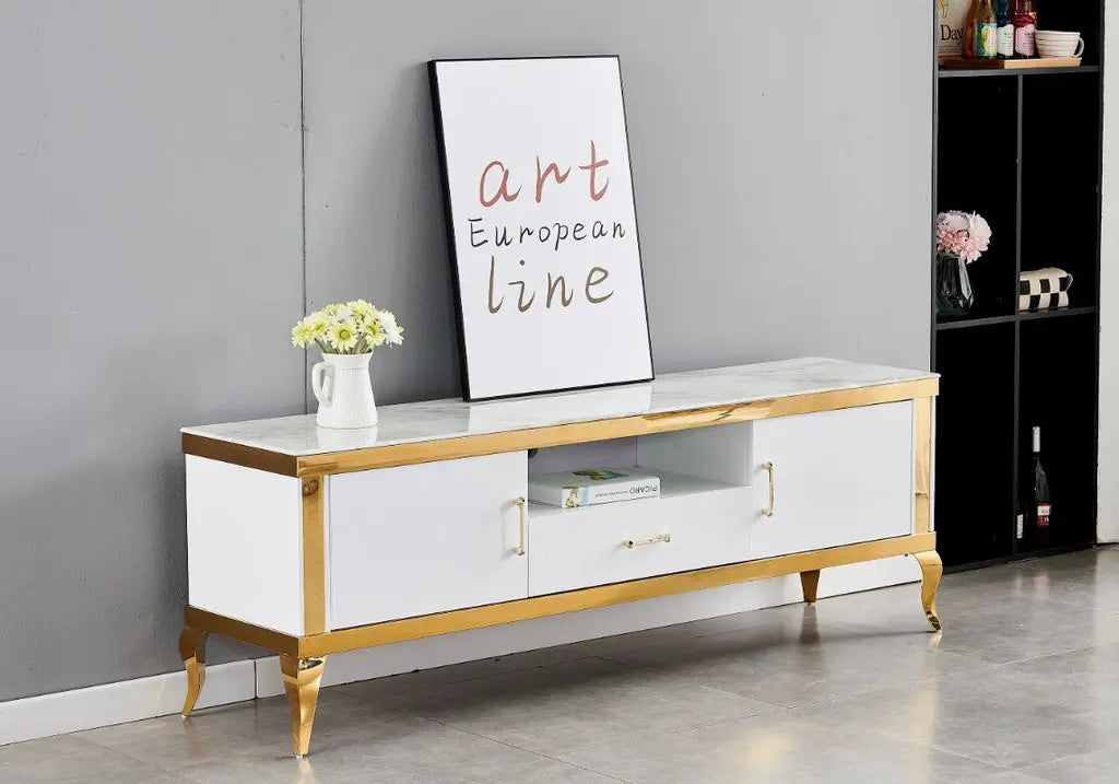 Meuble banc tv doré marbre beige BAROQUE Galerie du Mobilier