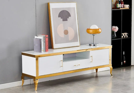 Meuble banc tv doré marbre blanc BAROQUE Galerie du Mobilier
