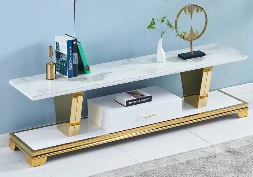 Meuble banc tv doré marbre blanc – Galerie du Mobilier