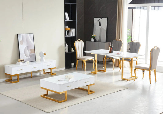 Meuble banc tv doré marbre blanc LILA Galerie du Mobilier