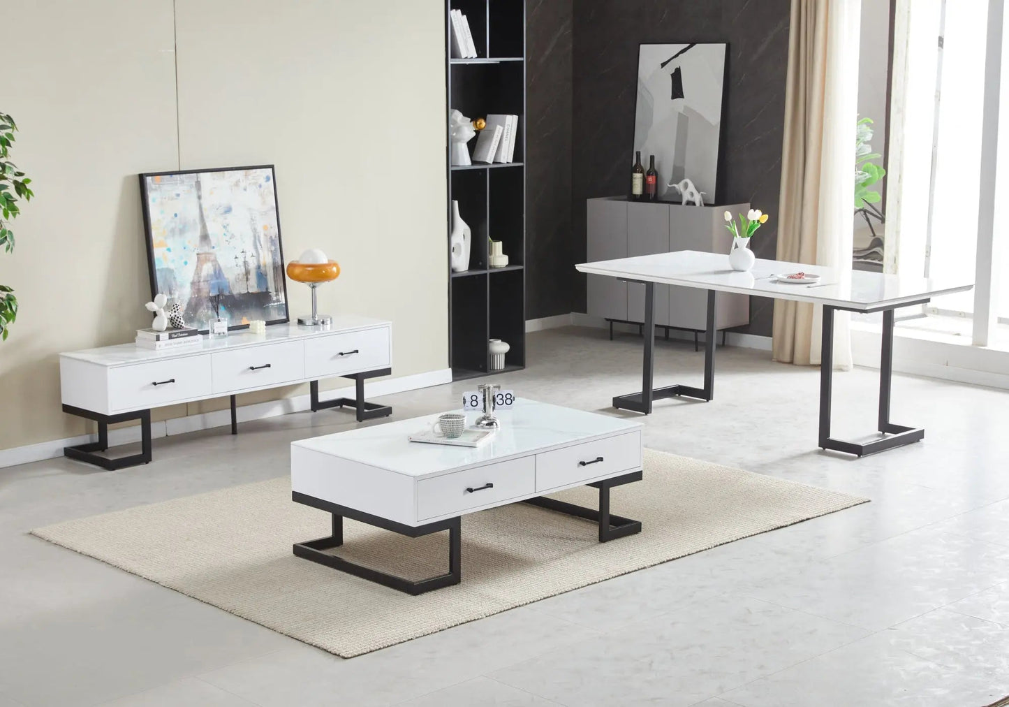 Meuble banc tv noire marbre blanc LILA Galerie du Mobilier