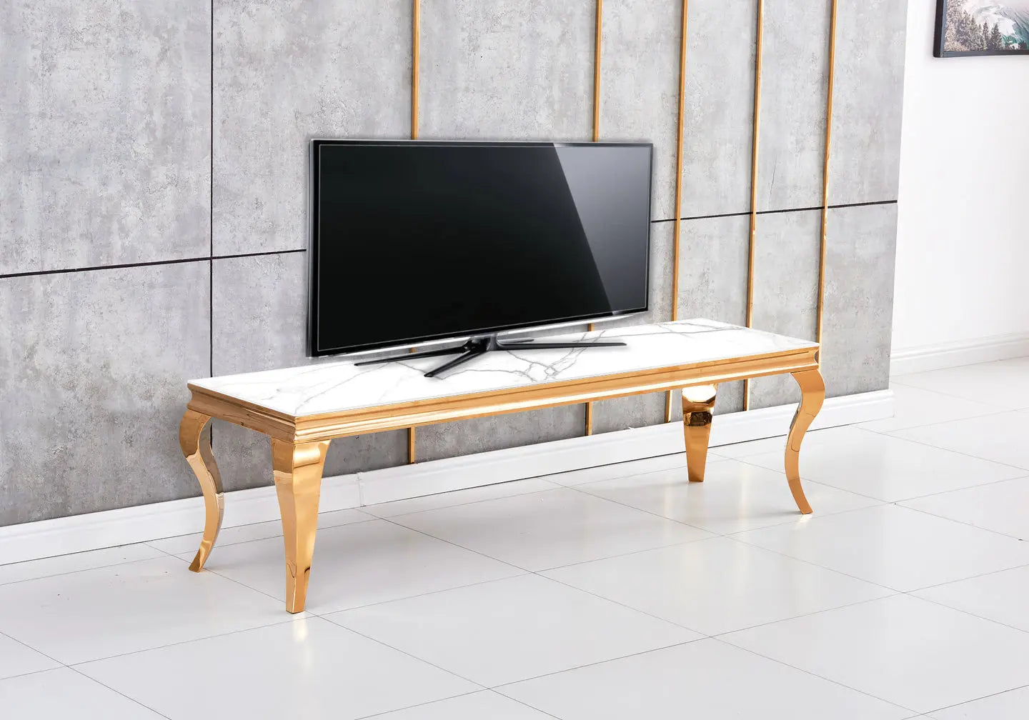 Meuble tv doré marbre blanc BAROQUE Galerie du Mobilier