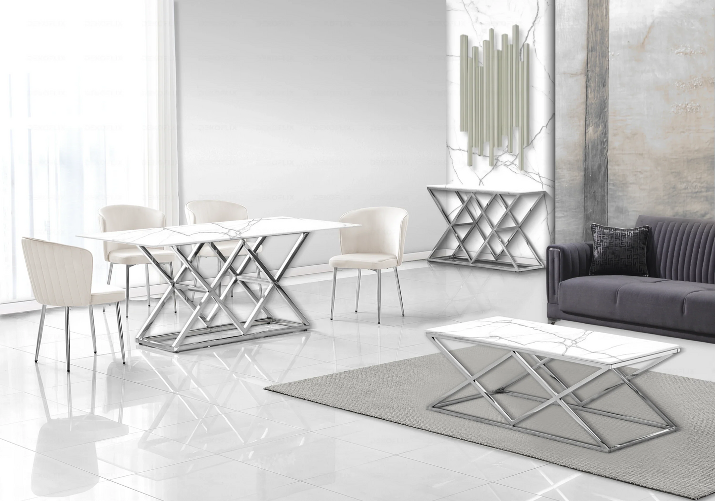 Salle à manger complète marbre blanc argent – – Galerie du Mobilier