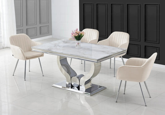 Salle à manger marbre beige argent avec chaises beige TROPHEE Galerie du Mobilier