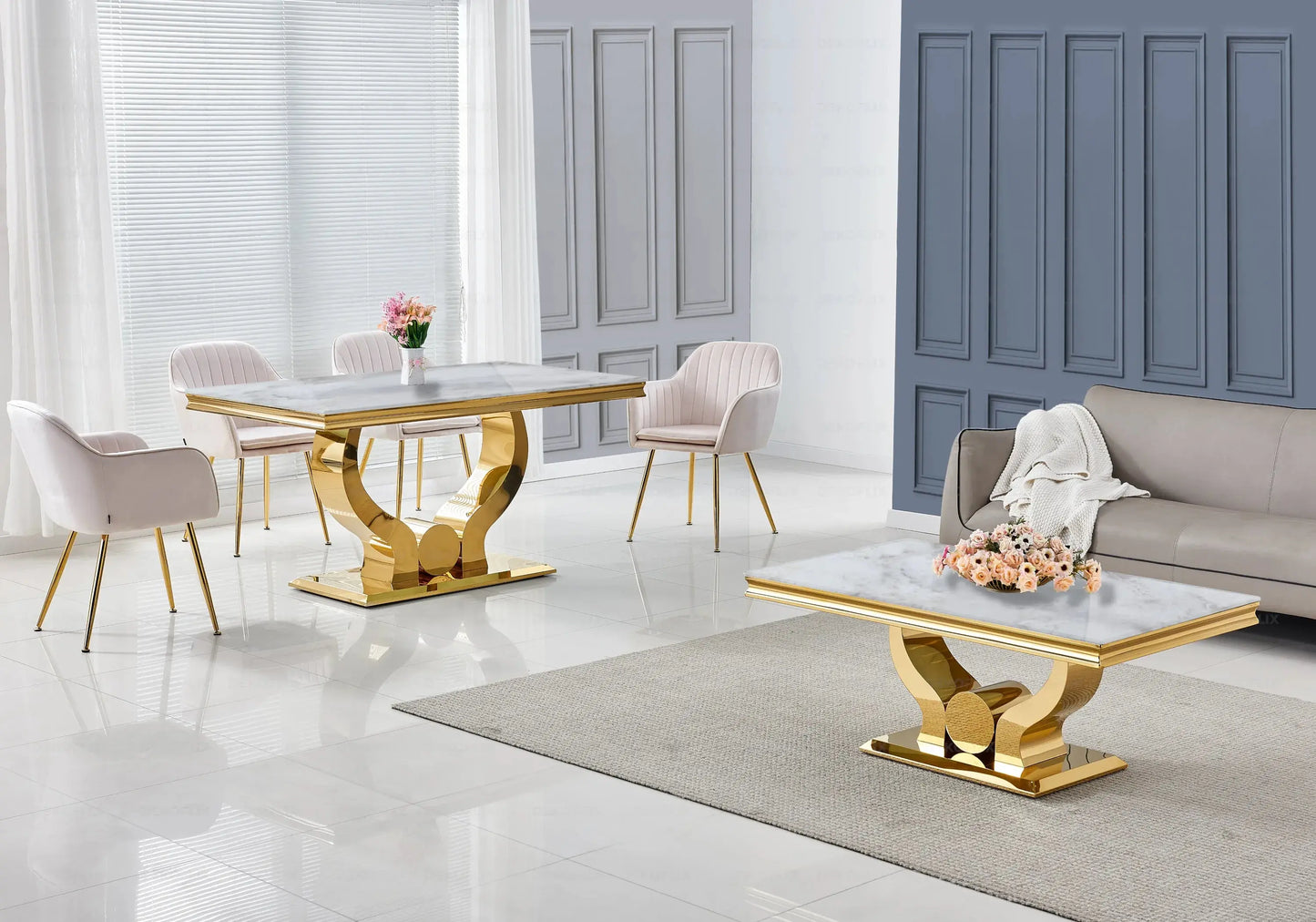 Salle à manger marbre beige doré avec chaises beige TROPHEE Galerie du Mobilier