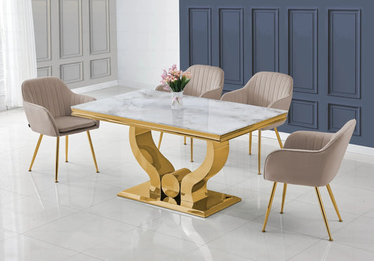 Salle à manger marbre beige doré avec chaises taupe TROPHEE Galerie du Mobilier
