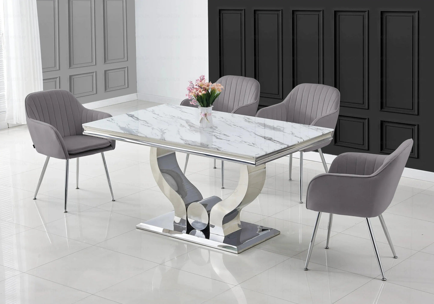 Salle à manger marbre blanc argent avec chaises anthracite TROPHEE Galerie du Mobilier