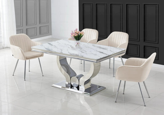 Salle à manger marbre blanc argent avec chaises beige TROPHEE Galerie du Mobilier