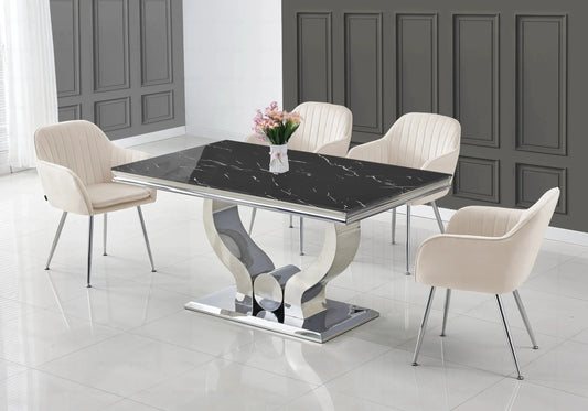 Salle à manger marbre noir argent avec chaises beige TROPHEE Galerie du Mobilier