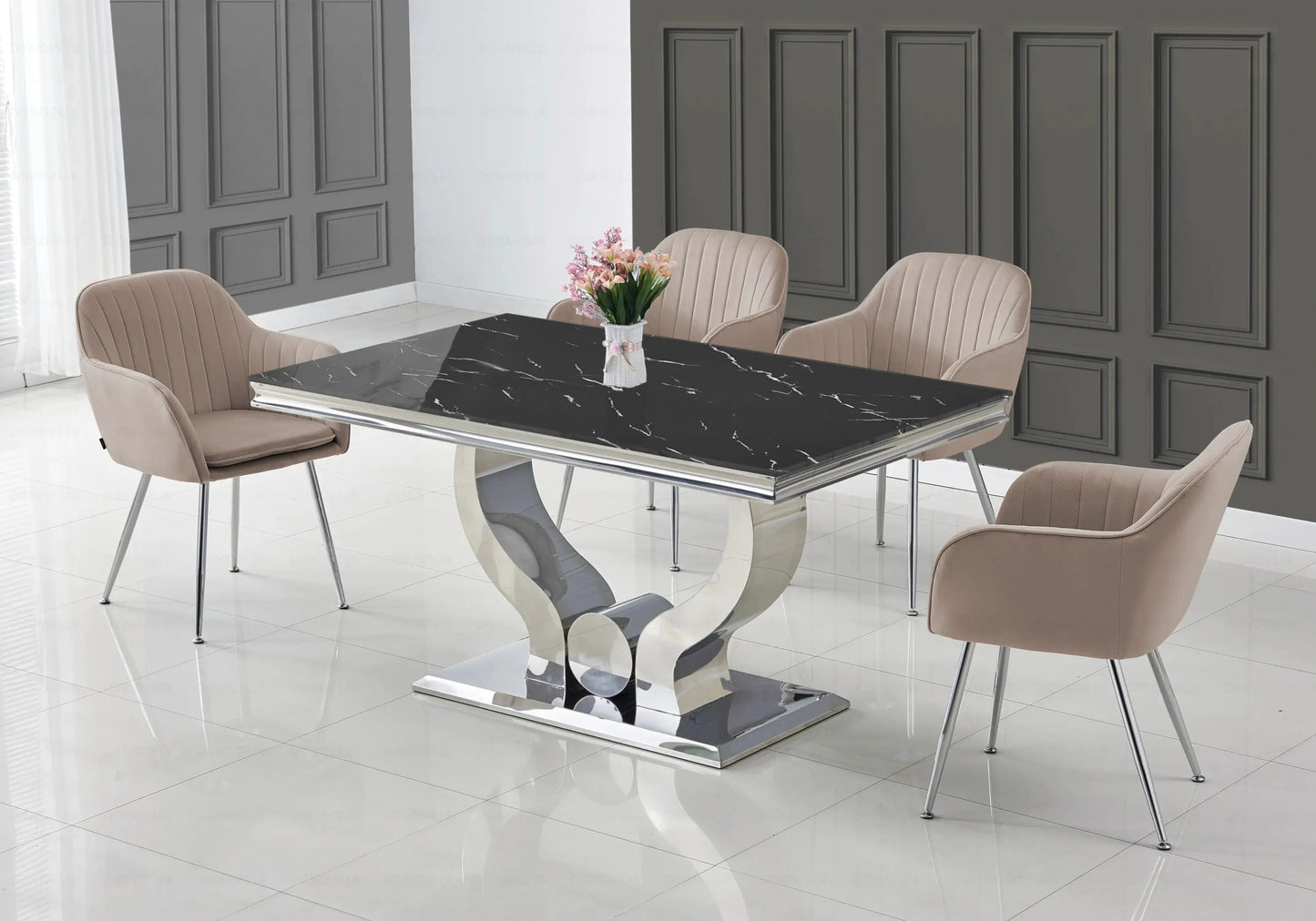 Salle à manger marbre noir argent avec chaises taupe TROPHEE Galerie du Mobilier