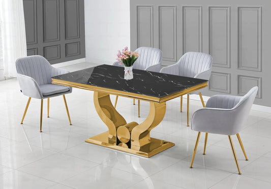 Salle à manger marbre noir doré avec chaises gris TROPHEE Galerie du Mobilier