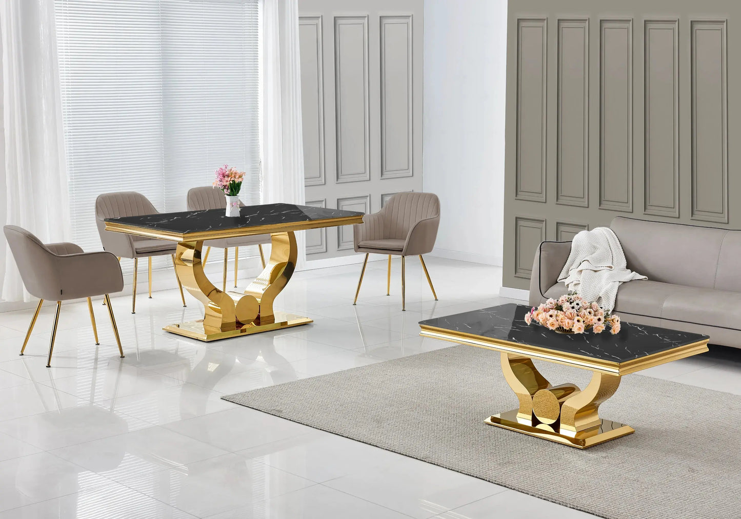 Salle à manger marbre noir doré avec chaises taupe TROPHEE Galerie du Mobilier