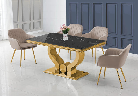 Salle à manger marbre noir doré avec chaises taupe TROPHEE Galerie du Mobilier