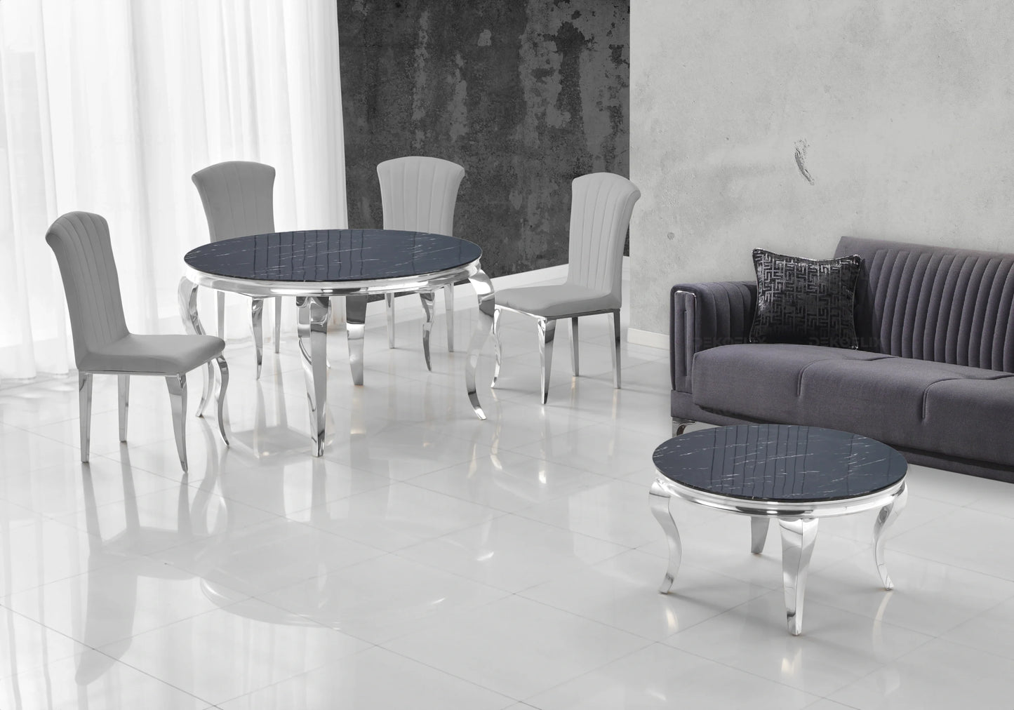 Salle à manger ronde marbre noir argent – Galerie du Mobilier