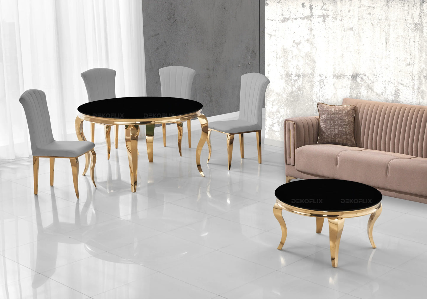 Ensemble salle à manger ronde verre noir et or – Galerie du Mobilier