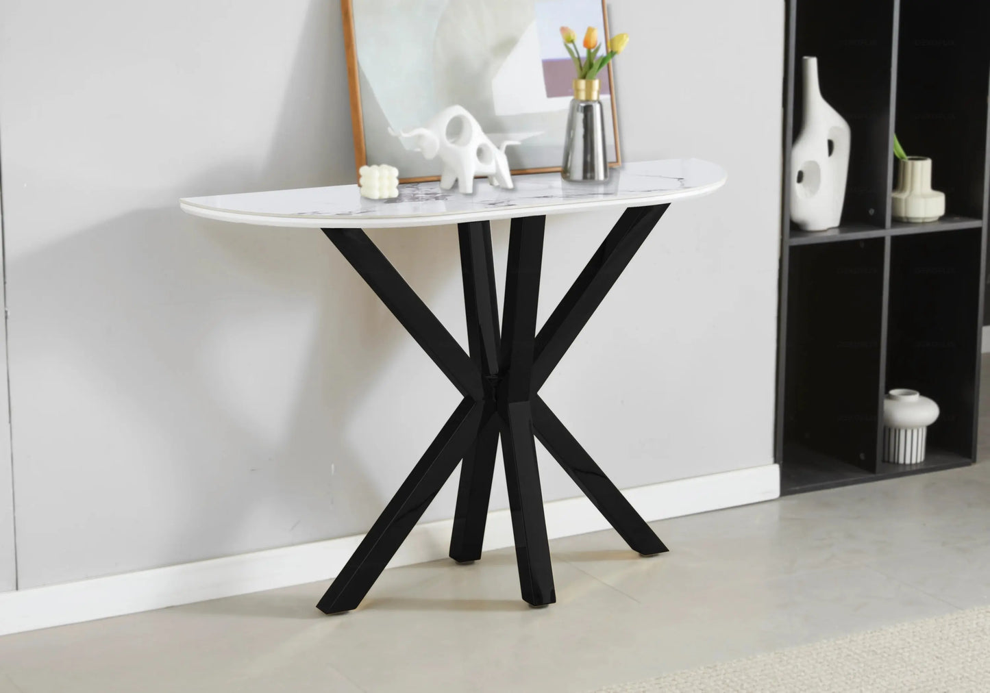 Table Marbre Blanc et Chaises Taupe Noirs – OPHELIA Galerie du Mobilier