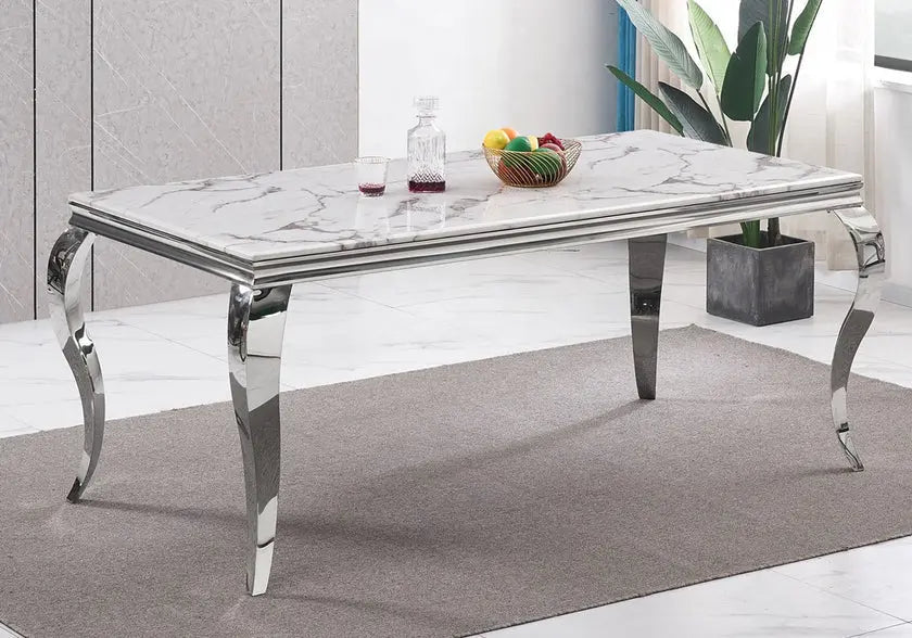Table à manger argentée marbre blanc BAROQUE Galerie du Mobilier