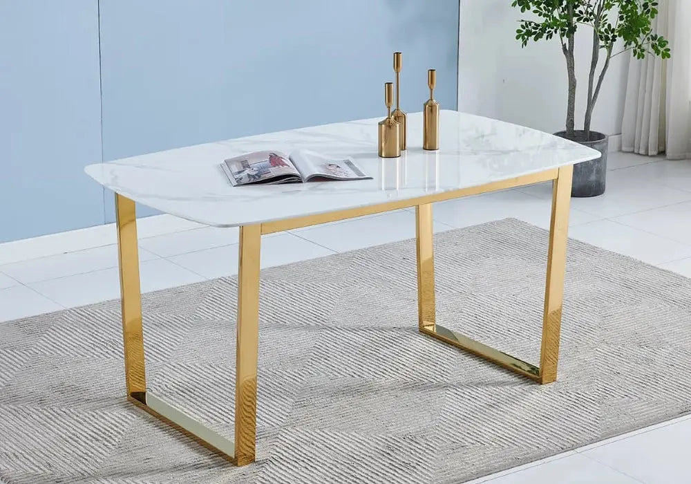 Table à manger dorée marbre blanc LOLA - Galerie du Mobilier
