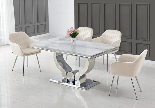 Table à manger marbre beige pieds métal argent TROPHEE Galerie du Mobilier