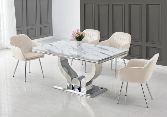 Table à manger marbre blanc pieds métal argent TROPHEE Galerie du Mobilier
