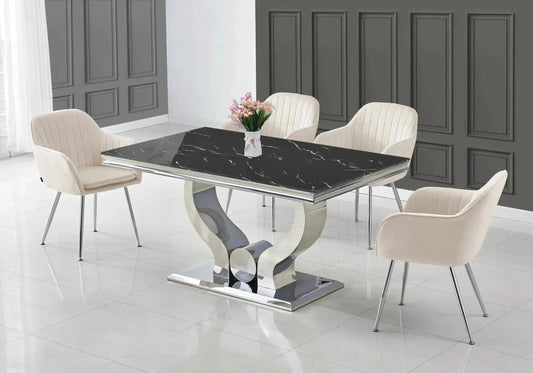 Salle à manger marbre noir argent avec chaises beige TROPHEE Galerie du Mobilier