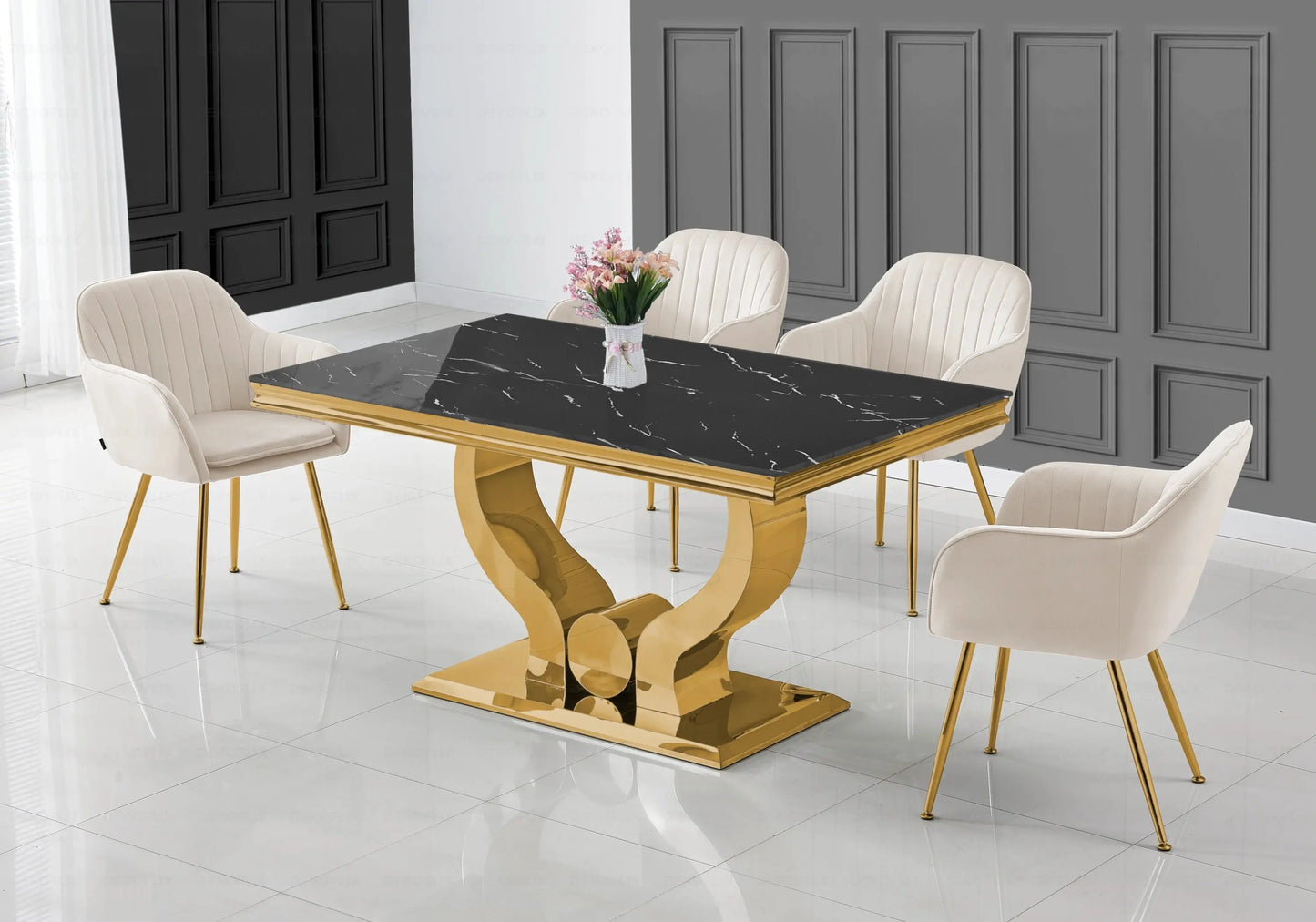 Table à manger marbre noir pieds métal doré TROPHEE Galerie du Mobilier
