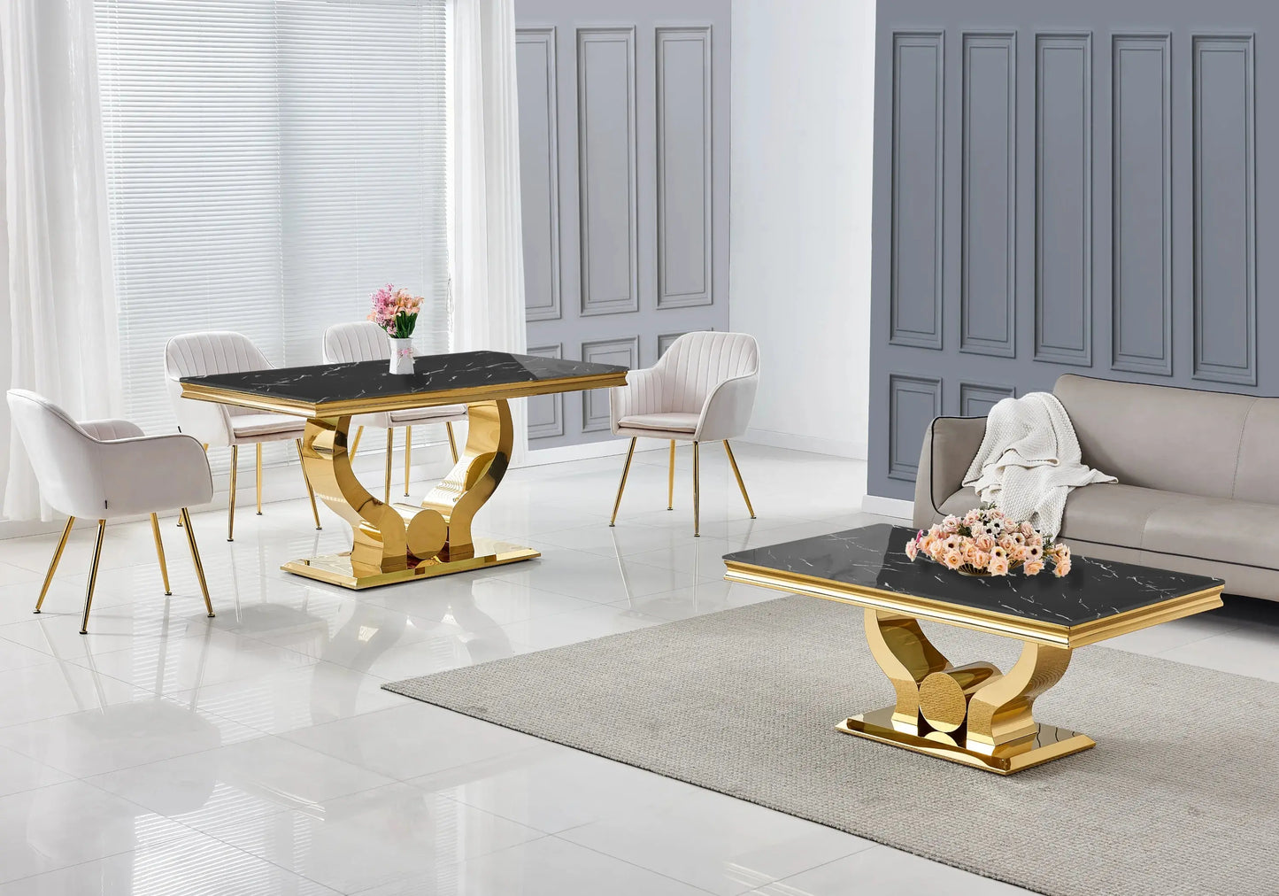 Table à manger marbre noir pieds métal doré TROPHEE Galerie du Mobilier