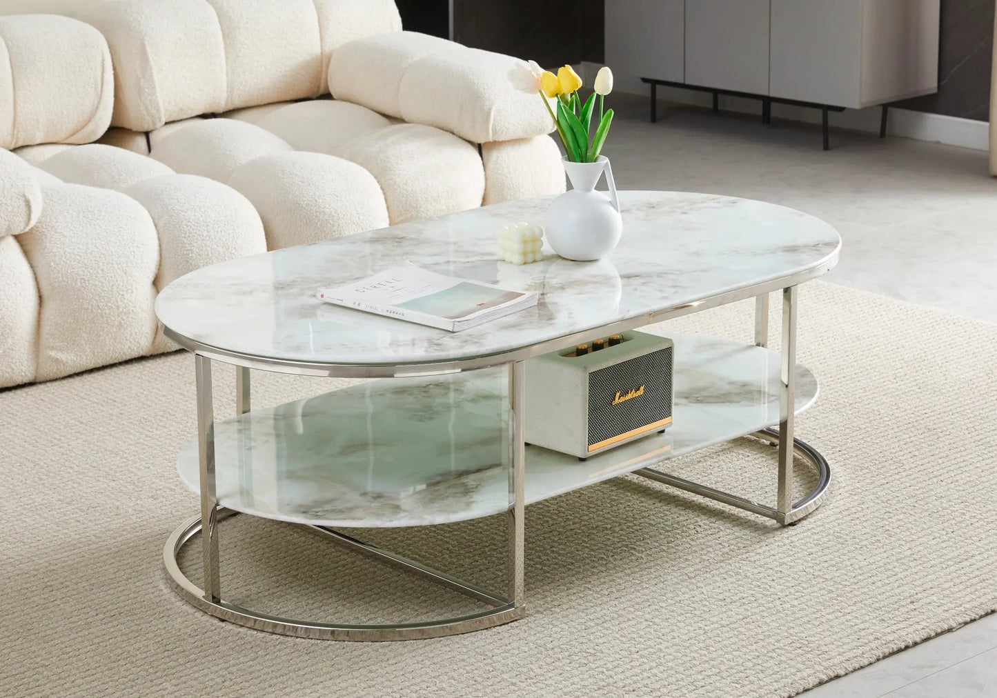Table basse argent marbre beige LEILA - Galerie du Mobilier