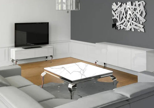 Table basse carré chrome marbre blanc BAROQUE Galerie du Mobilier