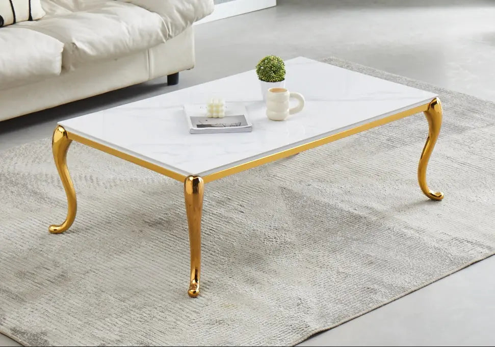 Table basse dorée céramique marbre blanc FELLA - Galerie du Mobilier