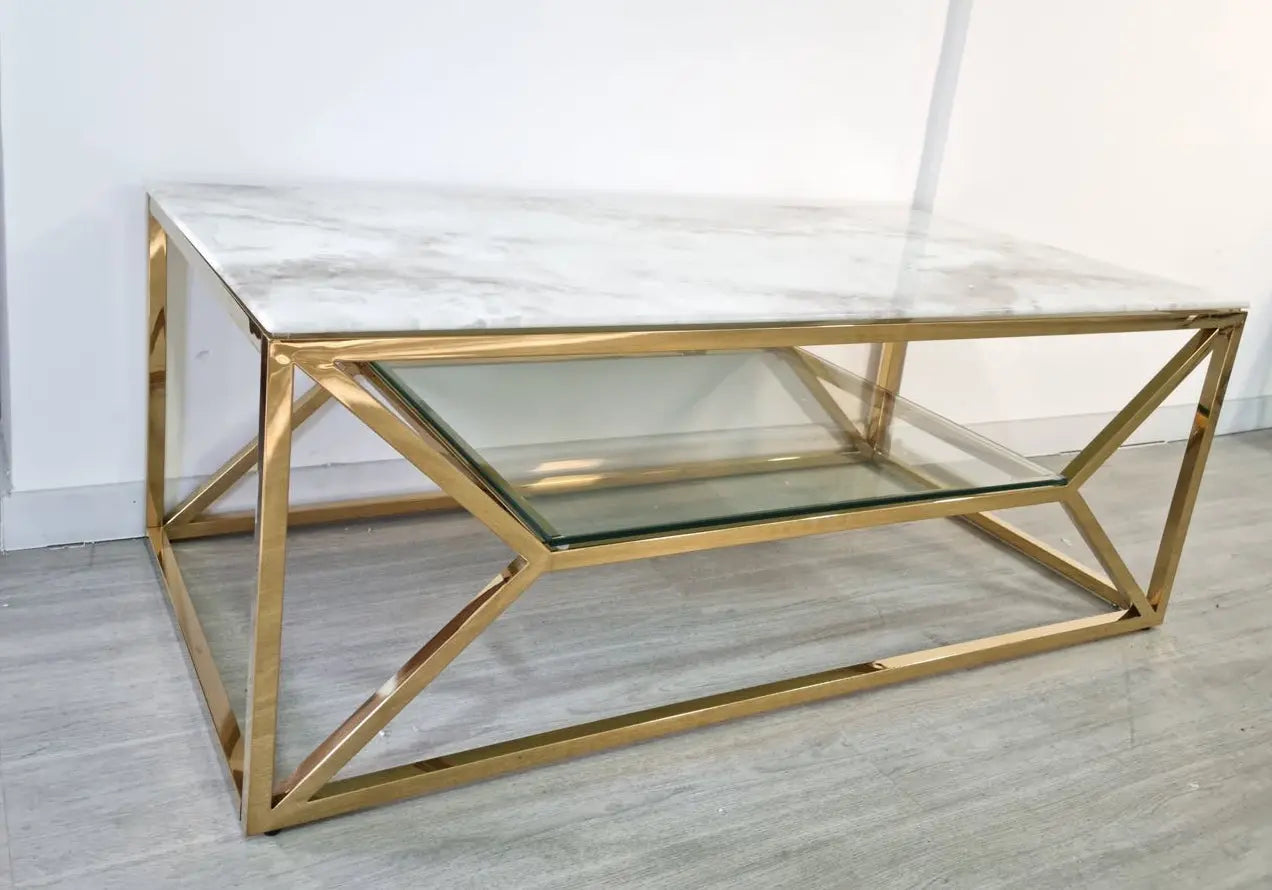 Table basse dorée marbre blanc ROMI Galerie du Mobilier