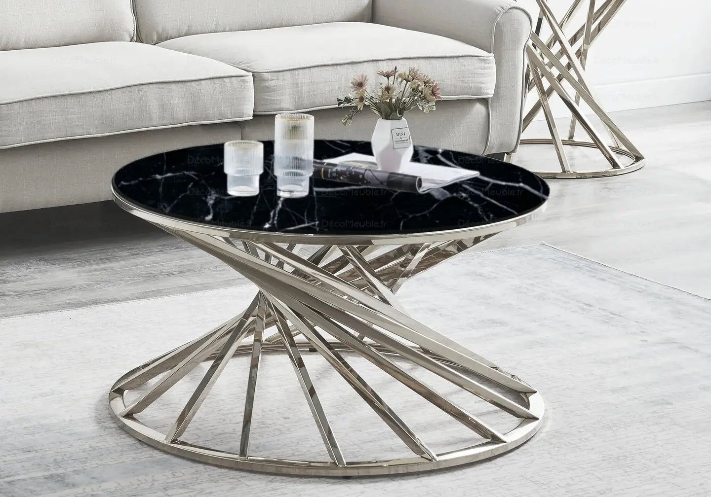 Table basse ronde marbre noir argent – Galerie du Mobilier